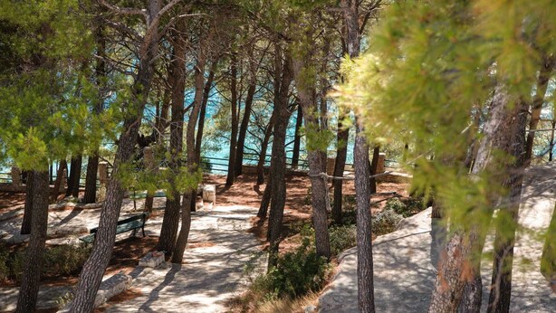 A forested area with a dirt path, benches, and a stone wall. - Lavica seaside apartments (Podstrana)