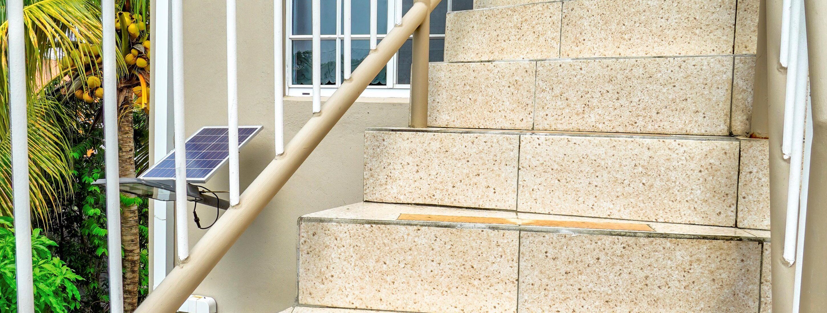 A staircase with beige tiles, a palm tree, and a solar panel.