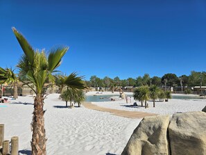 A beach with palm trees, a sandy area, and a wooden walkway.