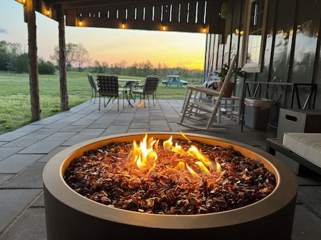Terrace/patio. Modern Glamping Cabin in Springfield with king bed and AC on 3 private acres.