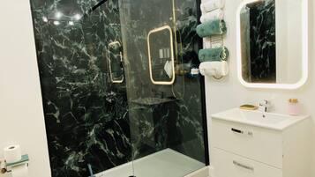 Hair dryer, towels, soap