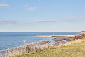 Un paysage côtier avec une jetée qui s’avance dans la mer, une plage de sable et des zones herbeuses.