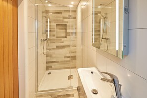 Shower, hair dryer, towels, soap