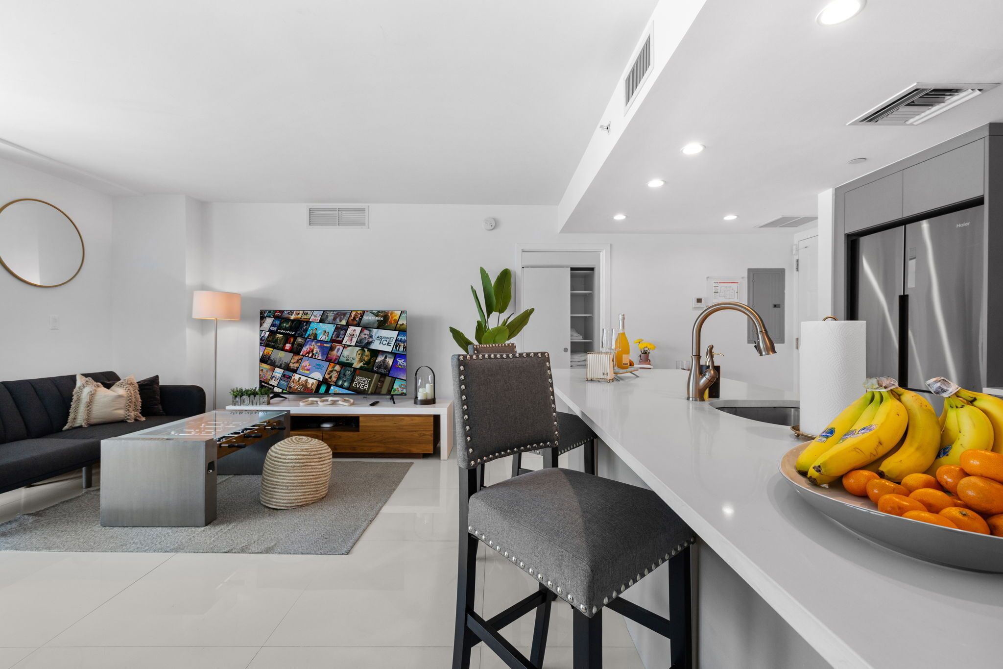 Smart TV, foosball, books