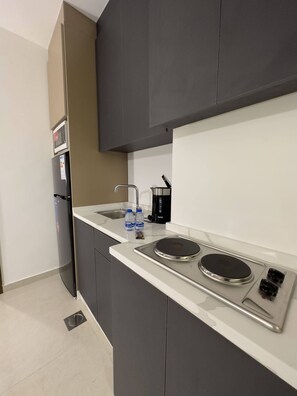 A modern kitchen with a built-in microwave, refrigerator, stove, and sink.