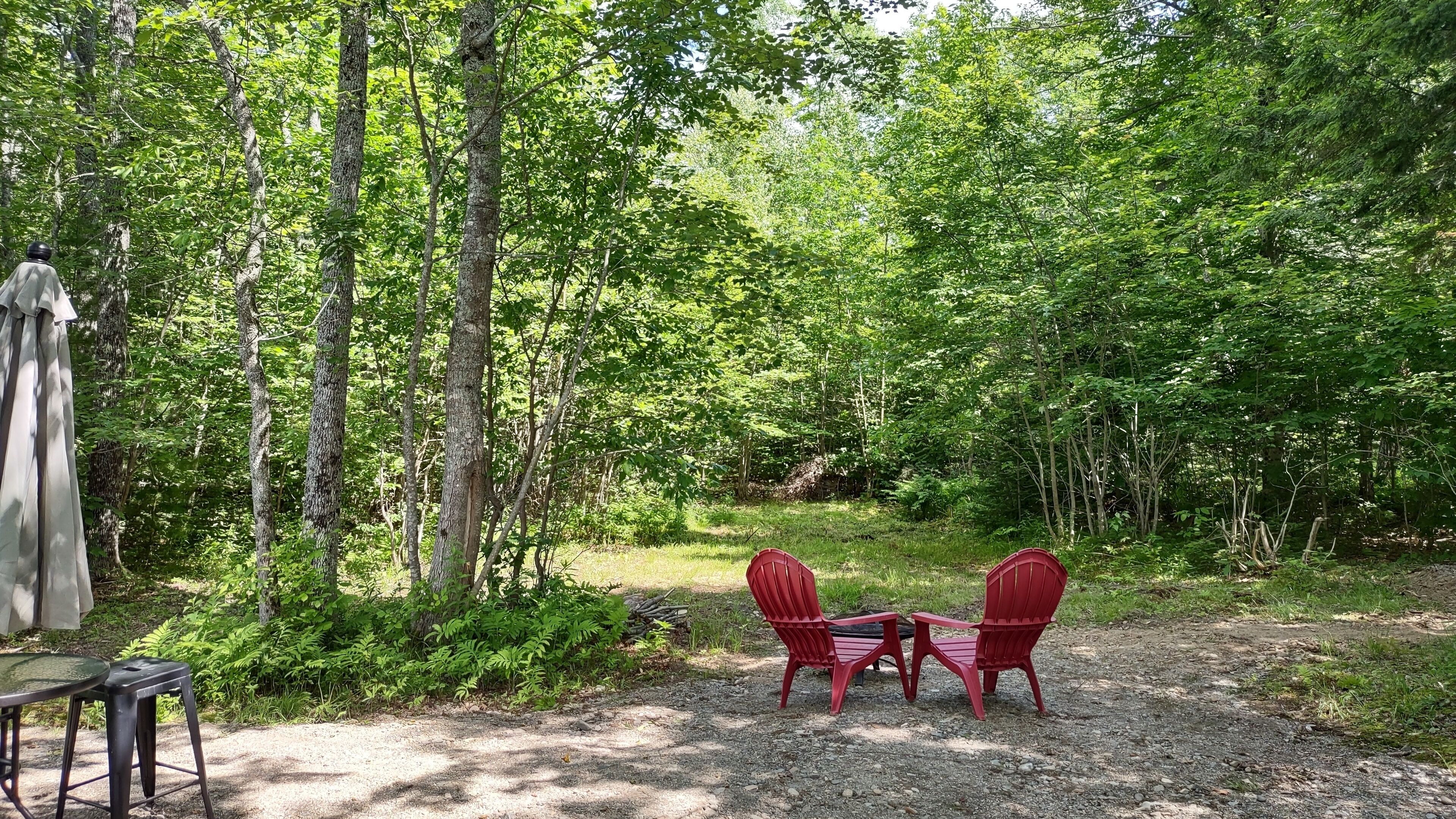 A gravel area with two red Adirondack chairs and a small table, surrounded by dense green foliage and trees.