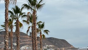 Una playa con palmeras, tumbonas y vistas al mar y colinas.