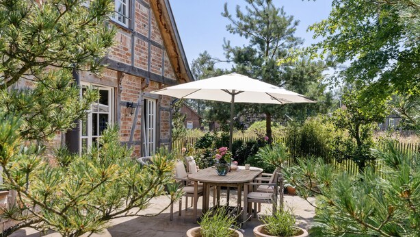 Une terrasse extérieure avec une table ronde et des chaises, entourée de plantes en pot et d’un grand parasol.