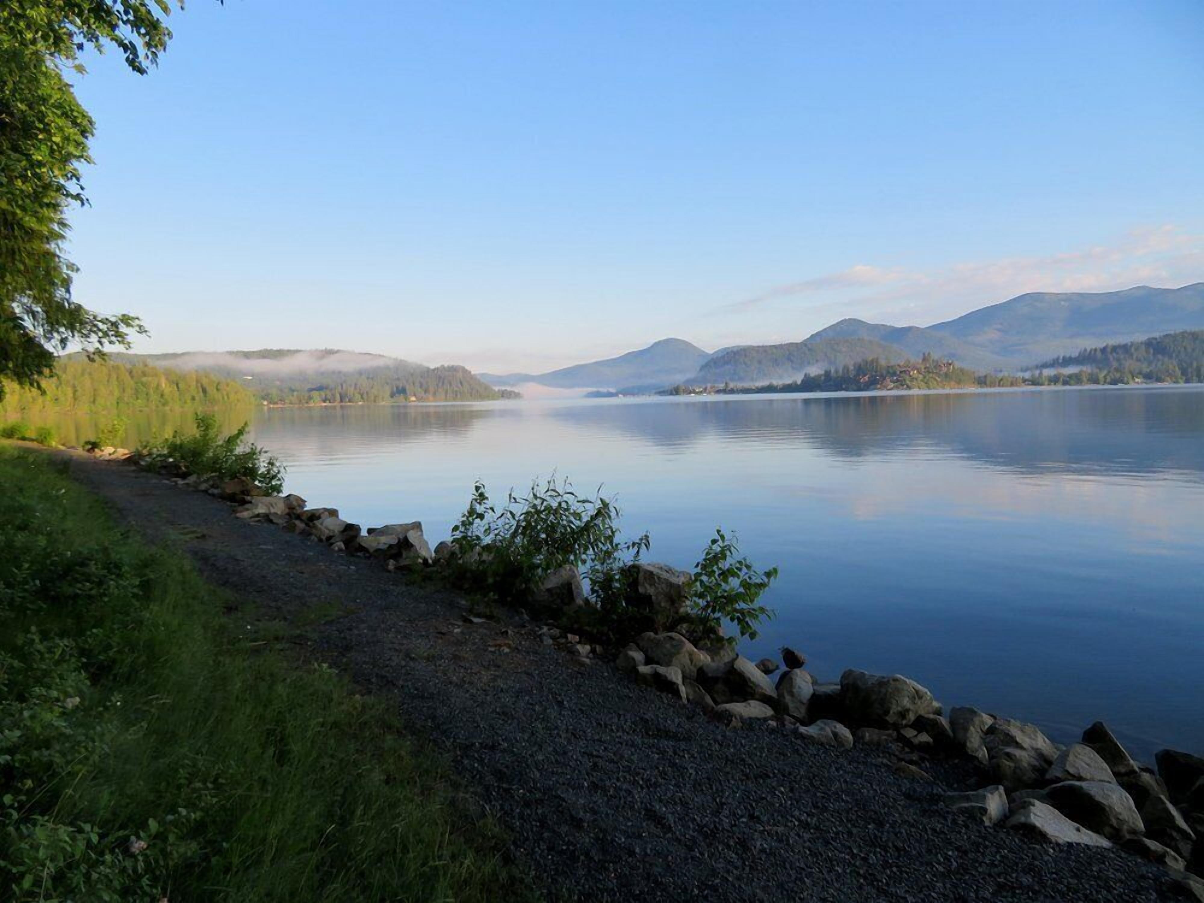 A calm lake with a rocky shoreline and a forested area in the background.
