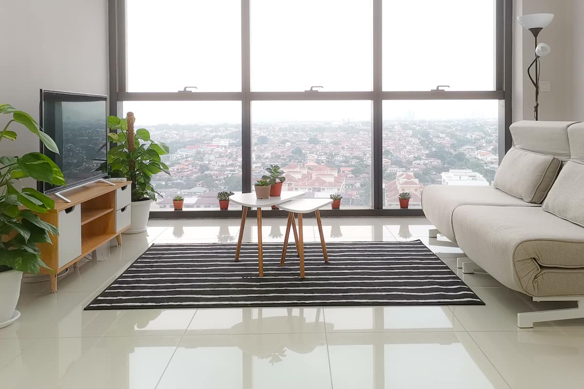 A modern living room with a large window, a sofa, a TV, a small table, and potted plants.