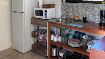 Fridge, microwave, coffee/tea maker, toaster