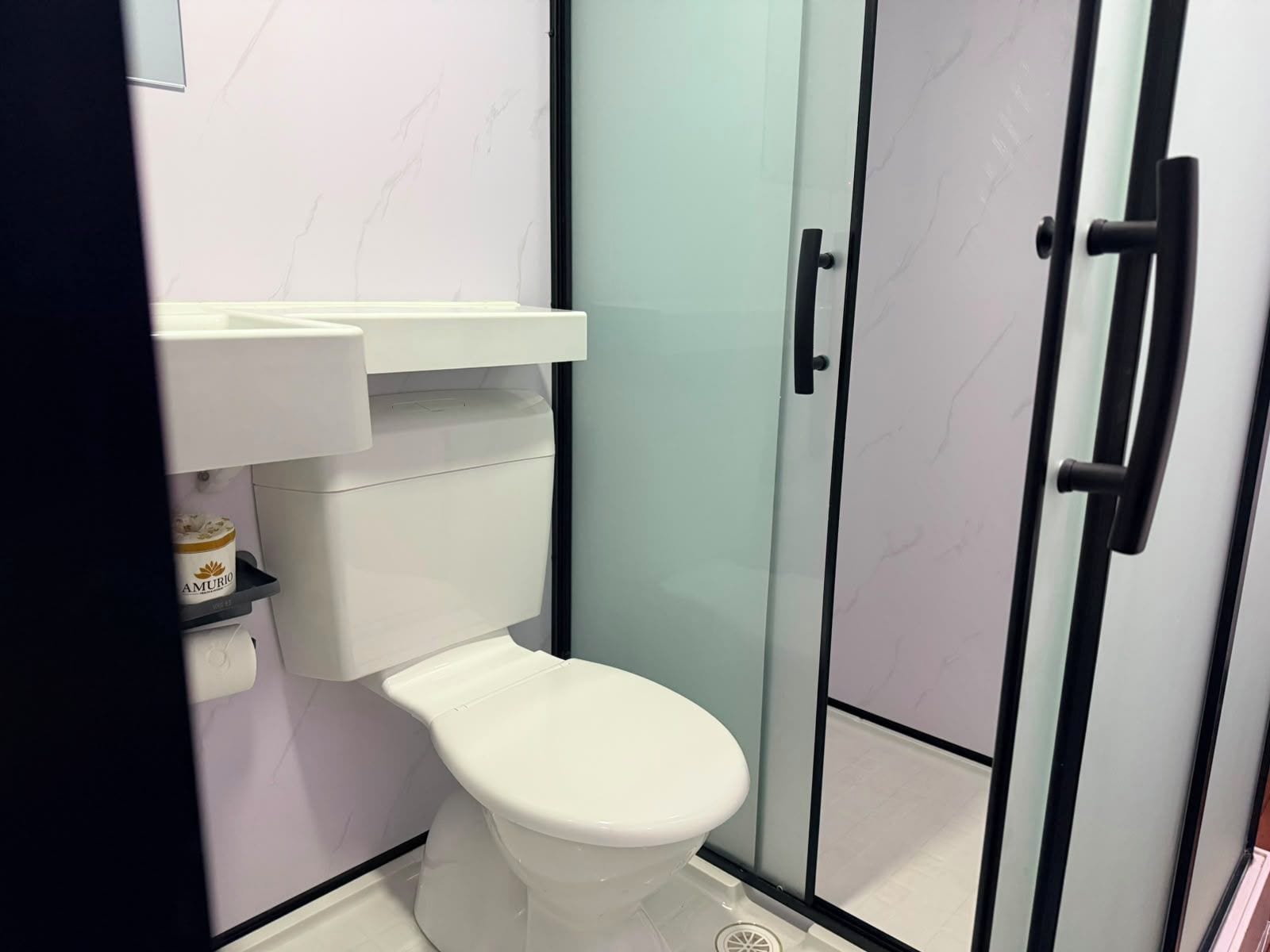 Ein modernes Badezimmer mit Toilette, Duschkabine aus Glas und Waschbecken mit Seifenspender.