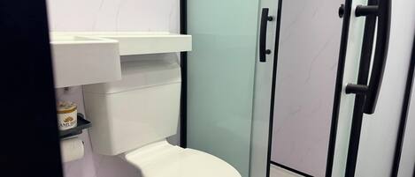 Ein modernes Badezimmer mit Toilette, Duschkabine aus Glas und Waschbecken mit Seifenspender.