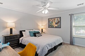 4 bedrooms, desk, iron/ironing board, travel cot