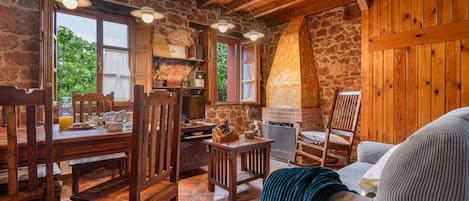 Télévision, cheminée, lecteur de DVD, chaîne hi-fi