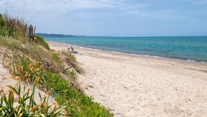 En strand med sandet bredde, en person der sidder på et håndklæde, og vegetation langs kanten.