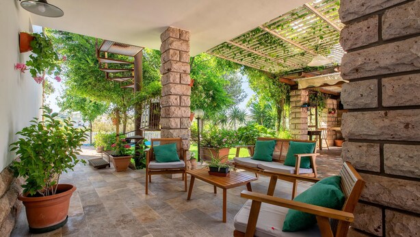 Une terrasse extérieure avec des meubles en bois, des plantes en pot et un mur en briques.