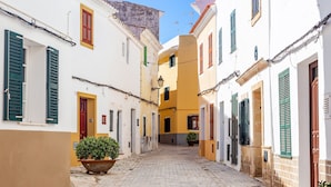 Une ruelle étroite pavée, bordée d’immeubles aux volets et aux portes colorées.