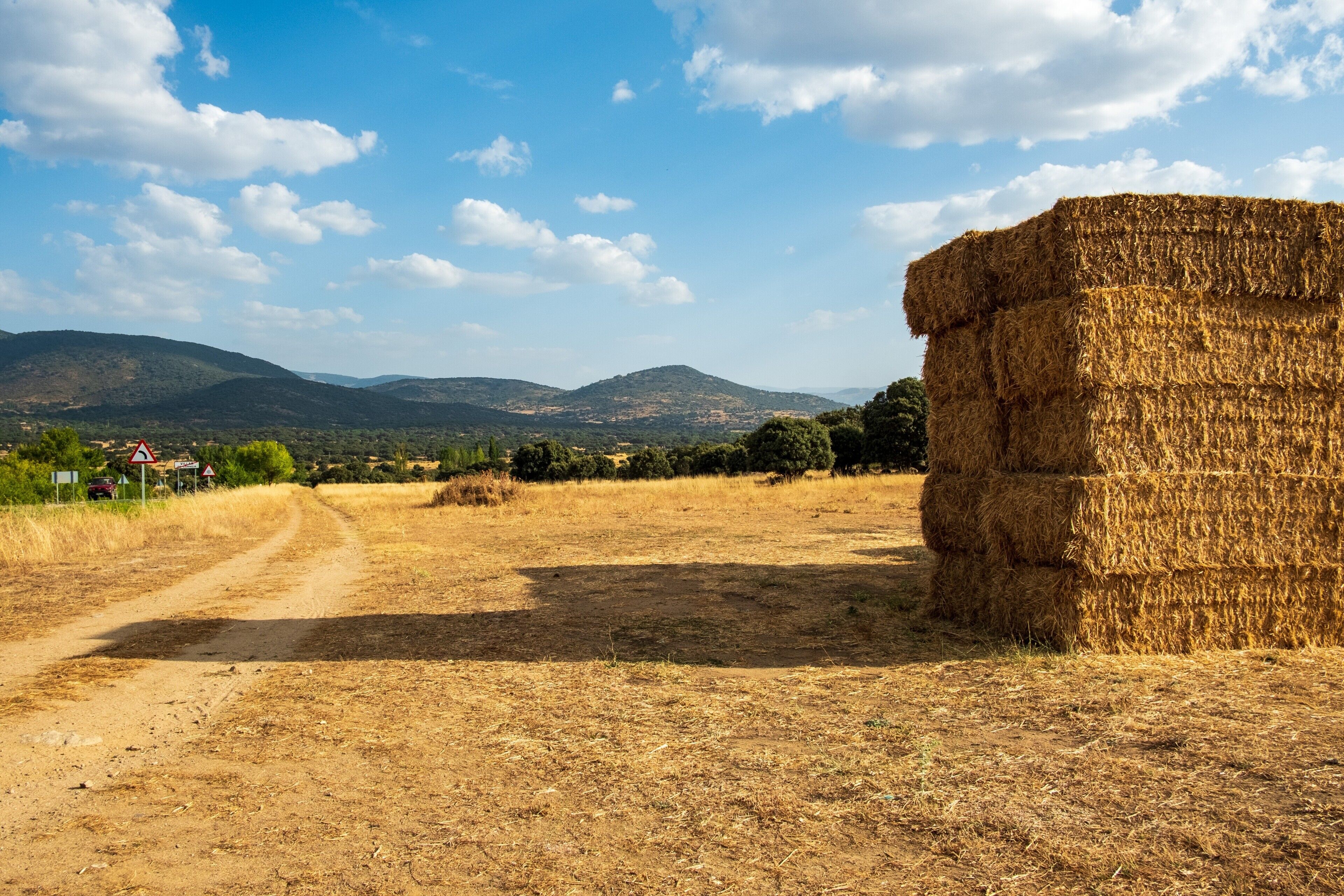 Paisaje rural con camino de tierra, fardos de heno y montañas al fondo.