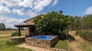 A rustic house with a stone pool, surrounded by a grassy area and trees. - Paraje Navazos – Rural House in Sierra de Gredos with Pool and Mountain Views (Gavilanes)