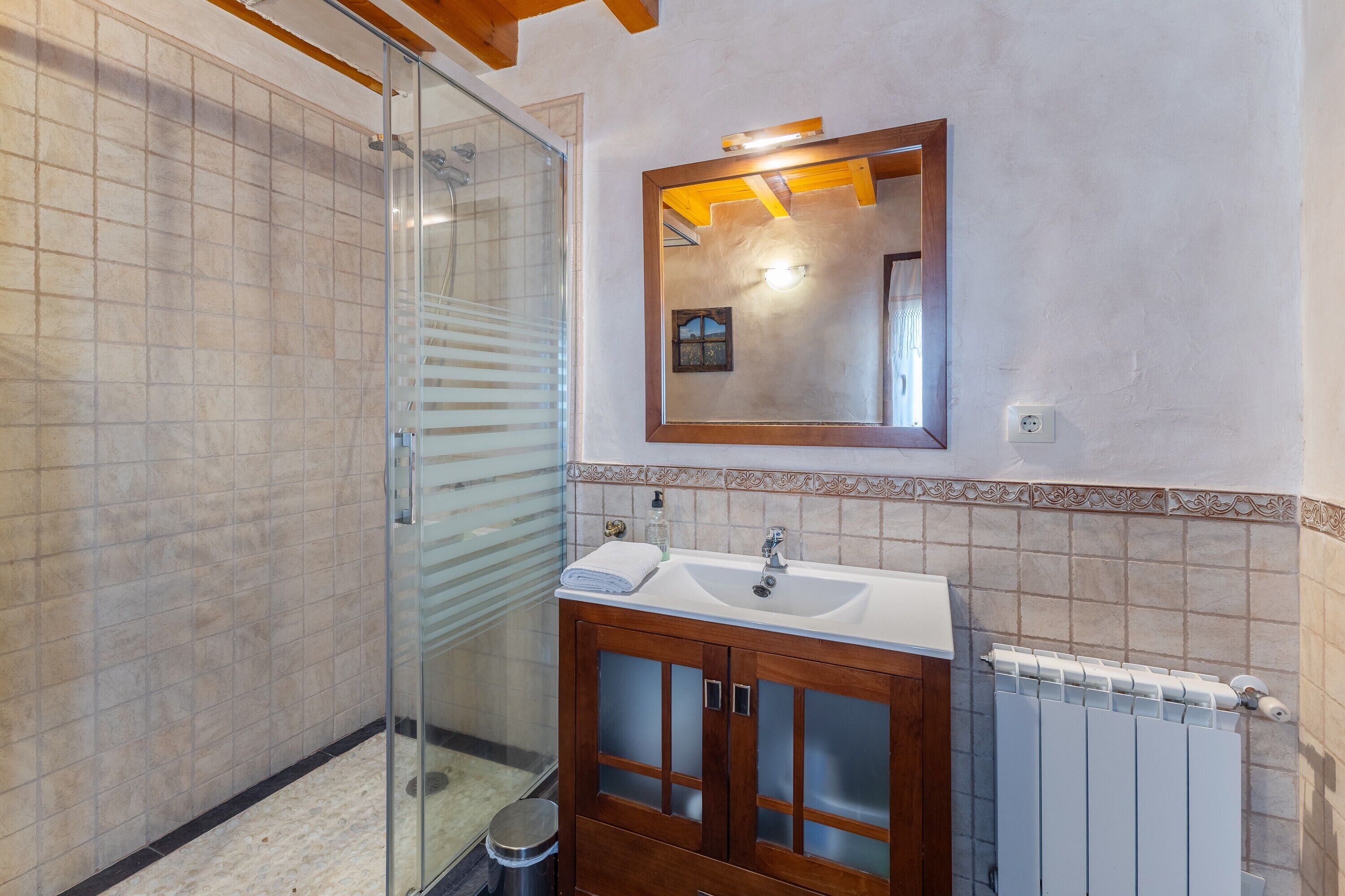 A bathroom with a glass shower enclosure, a wooden vanity with a white sink, and a mirror above the vanity.