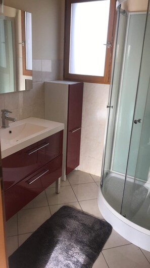 Shower, hair dryer, towels