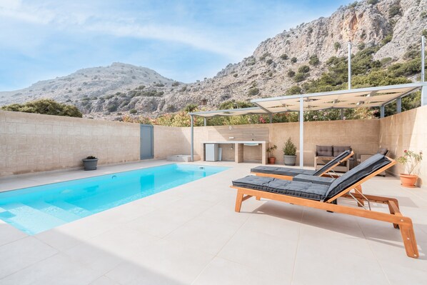 Une piscine avec des chaises longues, un espace de détente couvert et un paysage montagneux en toile de fond.