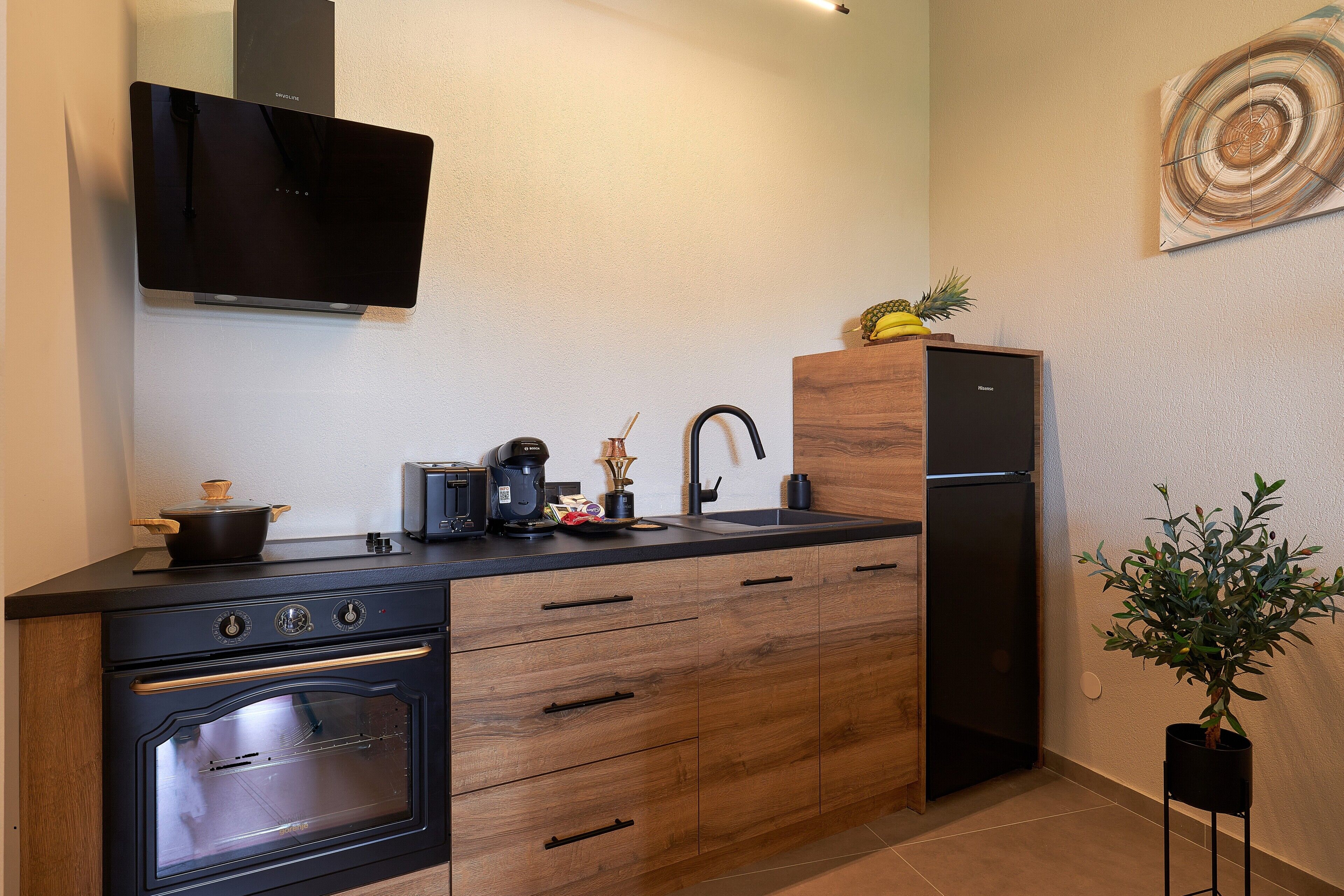 Fridge, oven, stovetop, coffee/tea maker