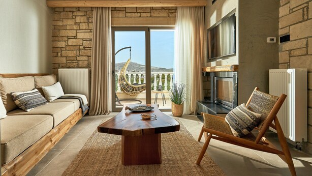 A living room with a stone wall, a sofa, a wooden coffee table, a chair, and a view of a balcony with a hanging chair.