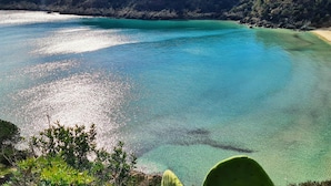 Een kustlandschap met helder turquoise water, een zandstrand en een heuvel begroeid met dichte vegetatie.