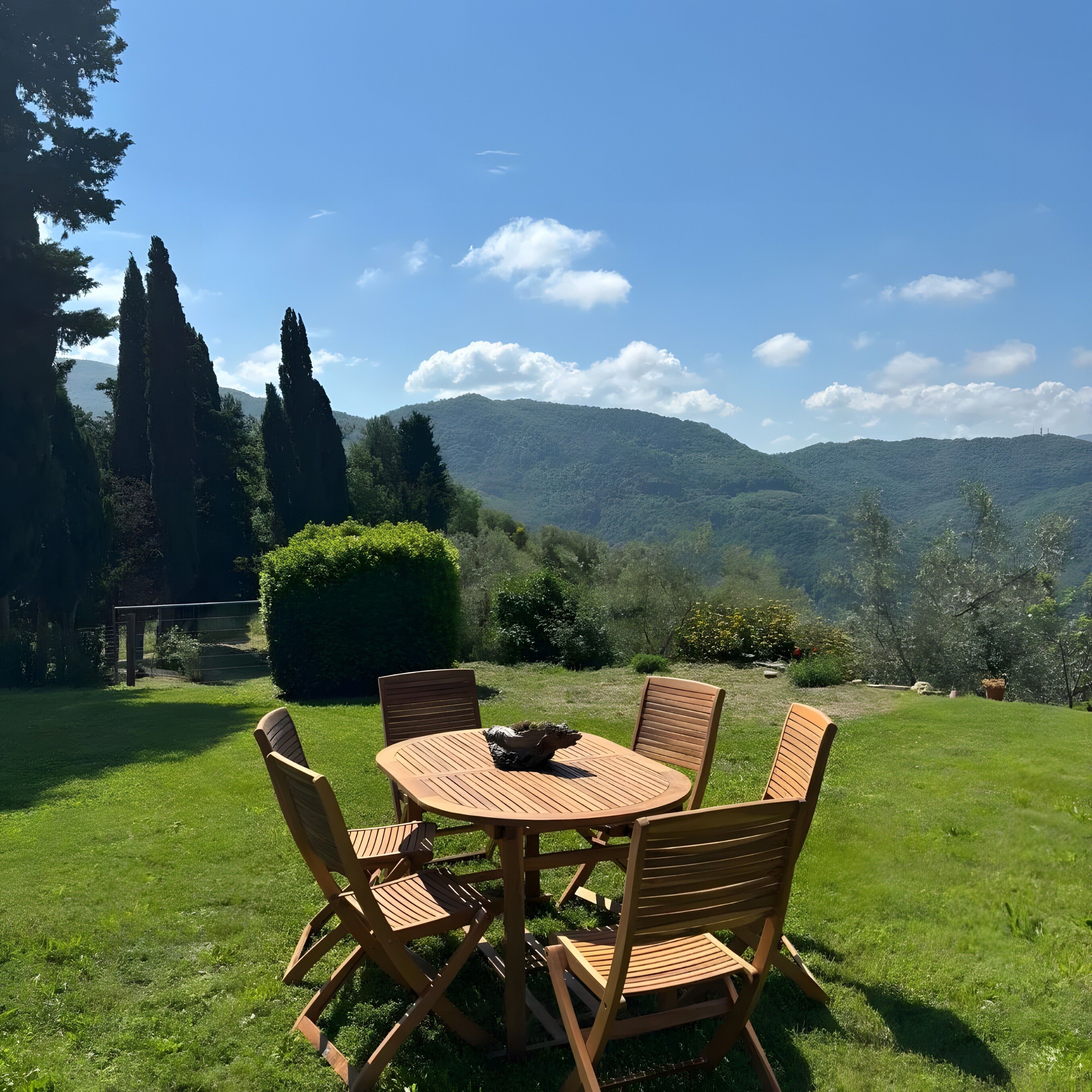 A round wooden table with four chairs in a grassy outdoor area, with a view of mountains and trees in the background.