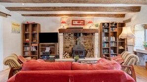 Un salon chaleureux avec une cheminée, des étagères à livres, un téléviseur et un canapé rouge.