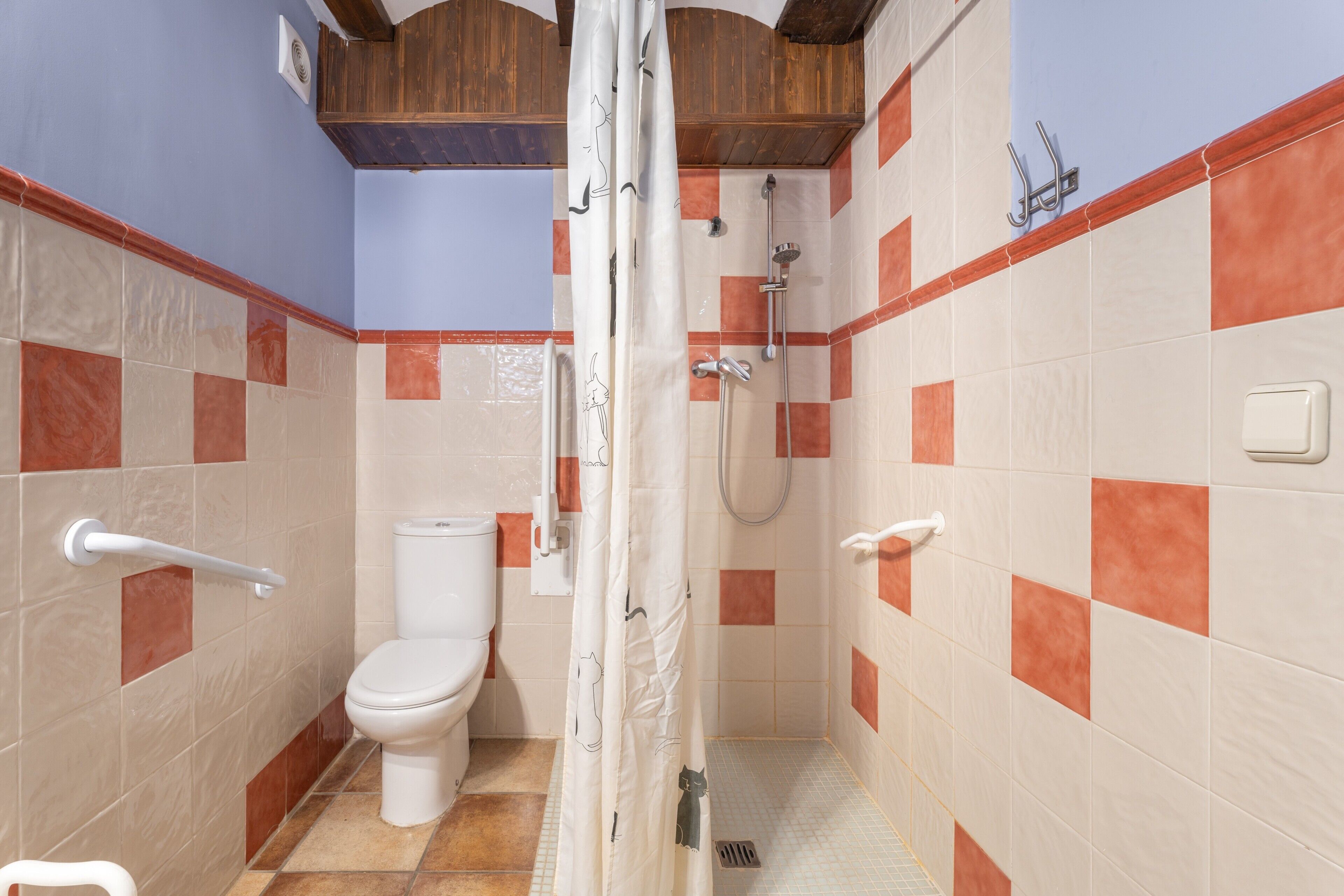 Ein Badezimmer mit Toilette, Dusche und Haltegriffen.
