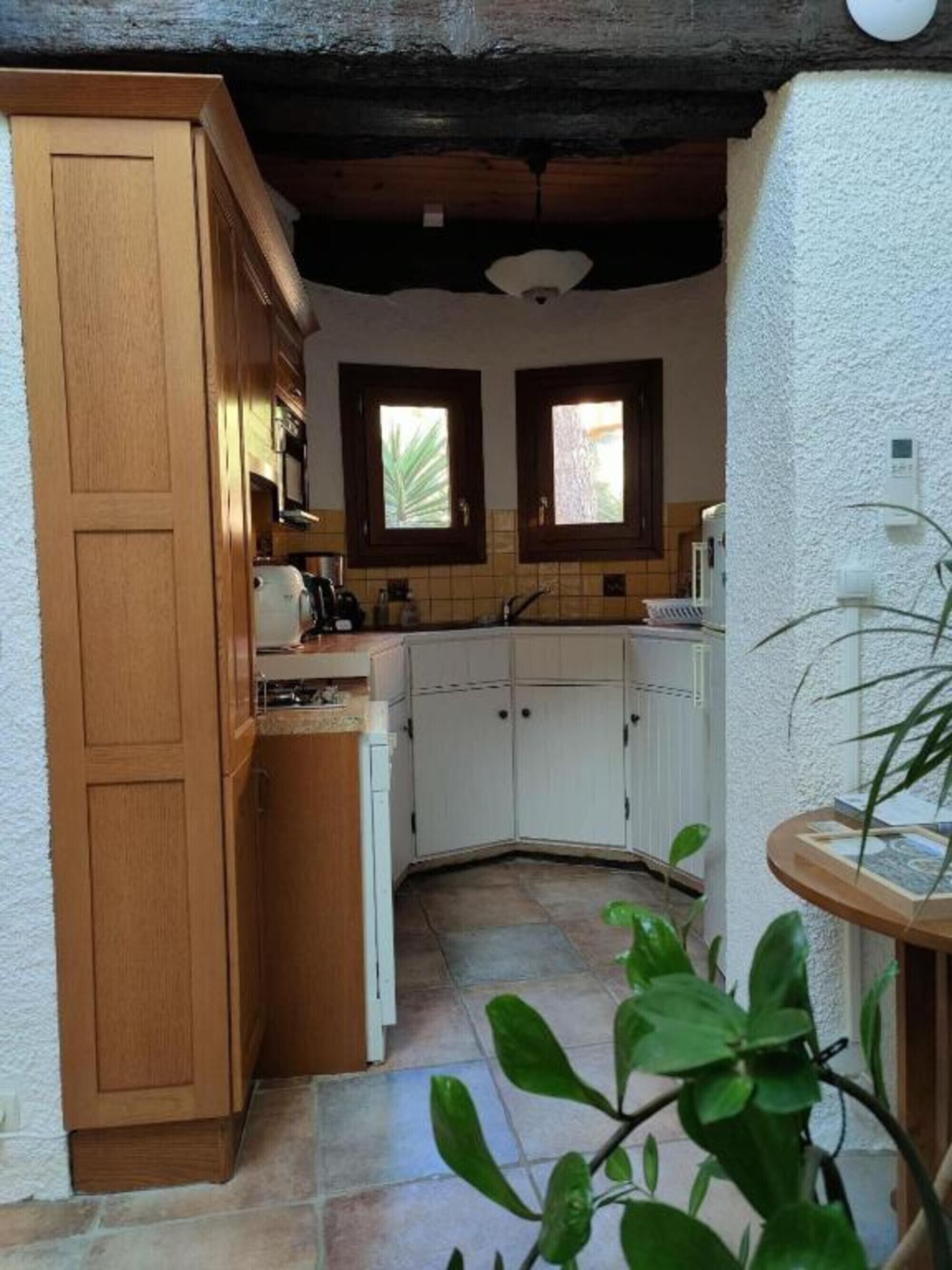 A kitchen with wooden cabinets, a tiled floor, and two windows with plants.