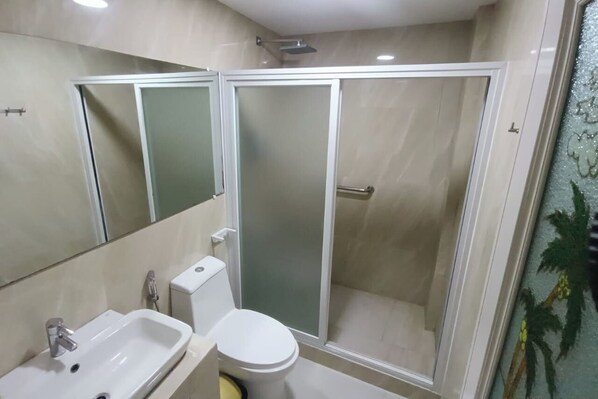 Un baño moderno con ducha envuelta en vidrio, un lavabo blanco y un inodoro.