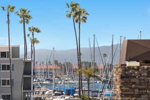 A marina with multiple boats docked, surrounded by tall palm trees and a mountainous backdrop.