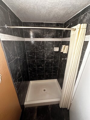 Hair dryer, towels, soap, shampoo