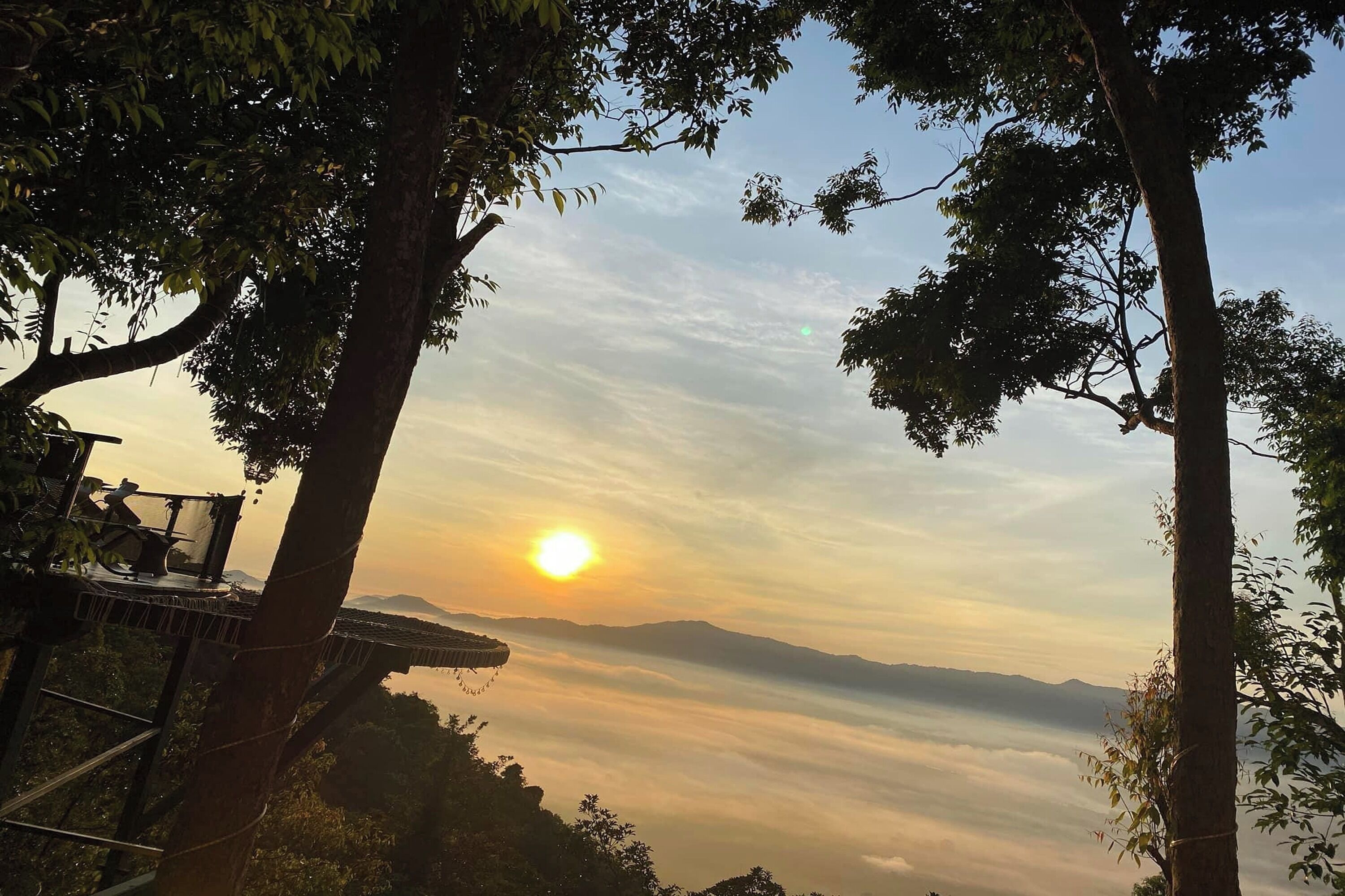 Vista del atardecer desde un lugar elevado, con árboles enmarcando la escena.
