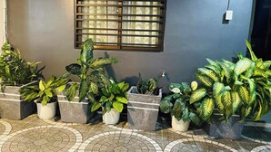 A hallway with tiled flooring and potted plants along the walls. - Shiella'S Staycation House Cabanatuan (Cabanatuan)