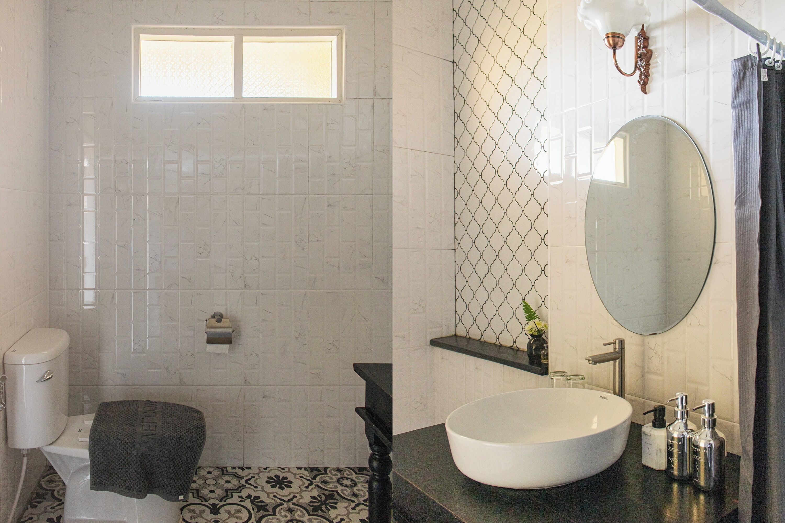 Une salle de bain avec des toilettes, un lavabo et un miroir.