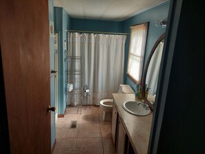 Shower, towels, toilet paper