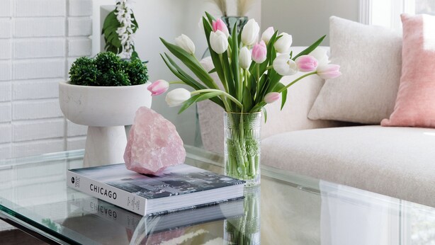 A glass-top table with a book, a vase with flowers, a rock, and a potted plant. - Bee's Knees - Ritzy, 1924 Chicago Bungalow (Chicago)