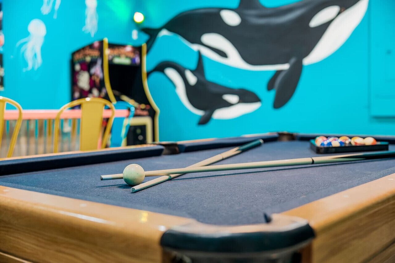 Une table de billard avec des queues et des billes, une chaise et un mur orné d’une grande fresque représentant une orque.
