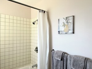 Hair dryer, towels, soap, shampoo