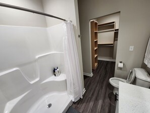 Hair dryer, towels, soap, shampoo