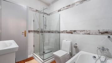 Shower, towels, toilet paper
