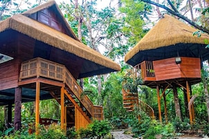 Dos casas en los árboles de madera con techos de paja, rodeadas de exuberante follaje.