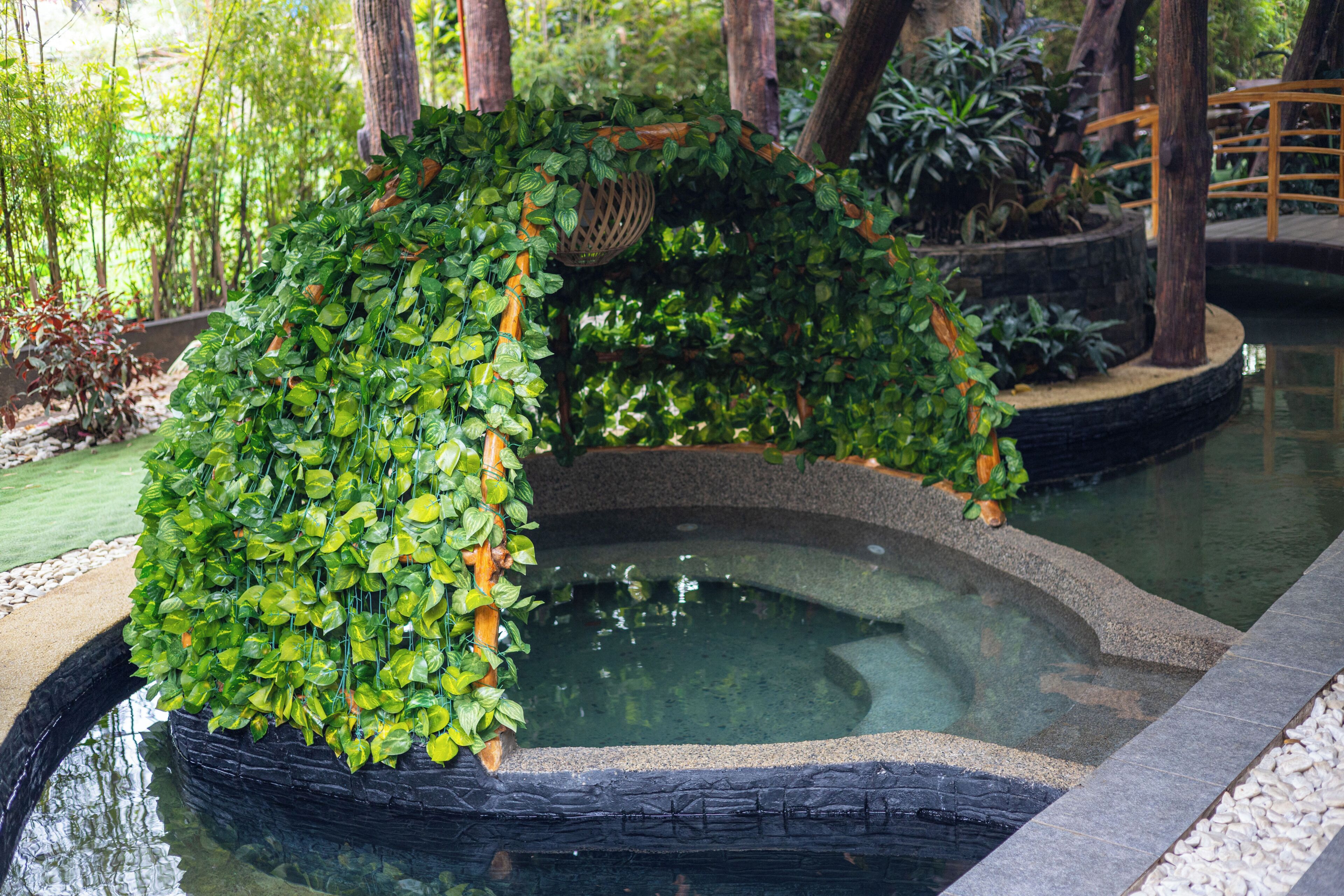 A circular water feature surrounded by lush greenery and a wooden bridge.