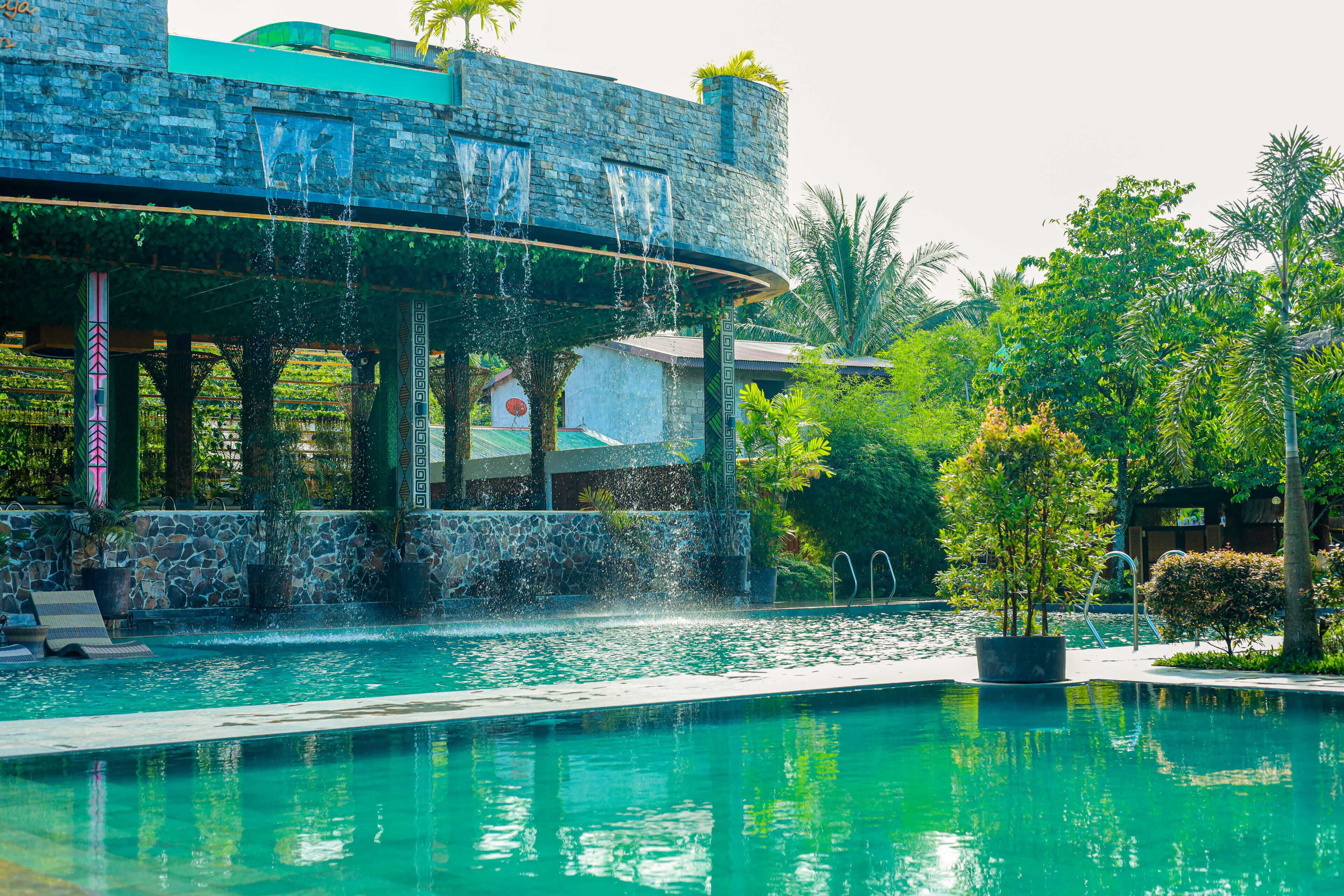 Un área de piscina con una estructura de piedra, fuentes de agua y abundante vegetación.