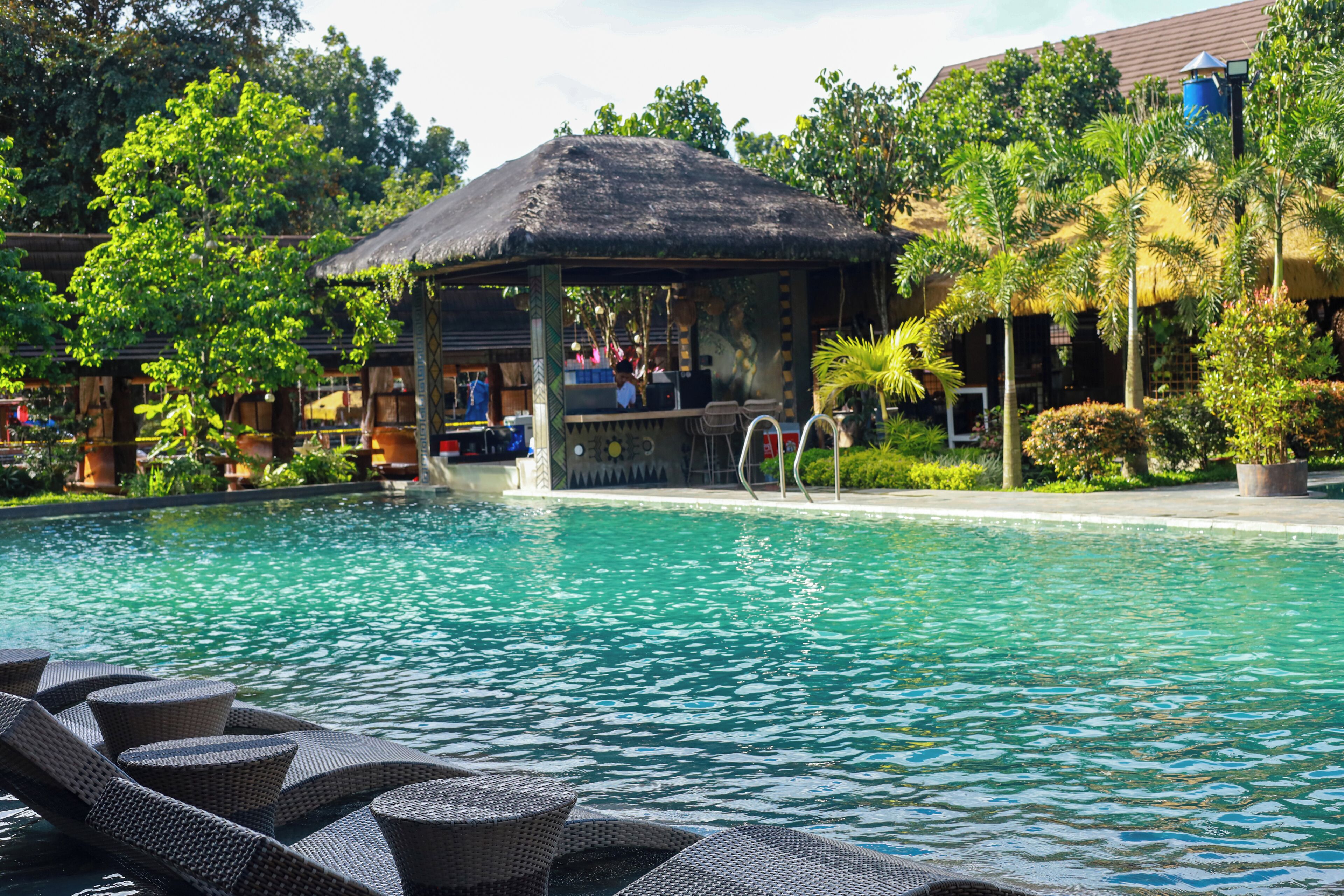 Une piscine avec des chaises longues, un espace bar et une structure dotée d’un toit de chaume.